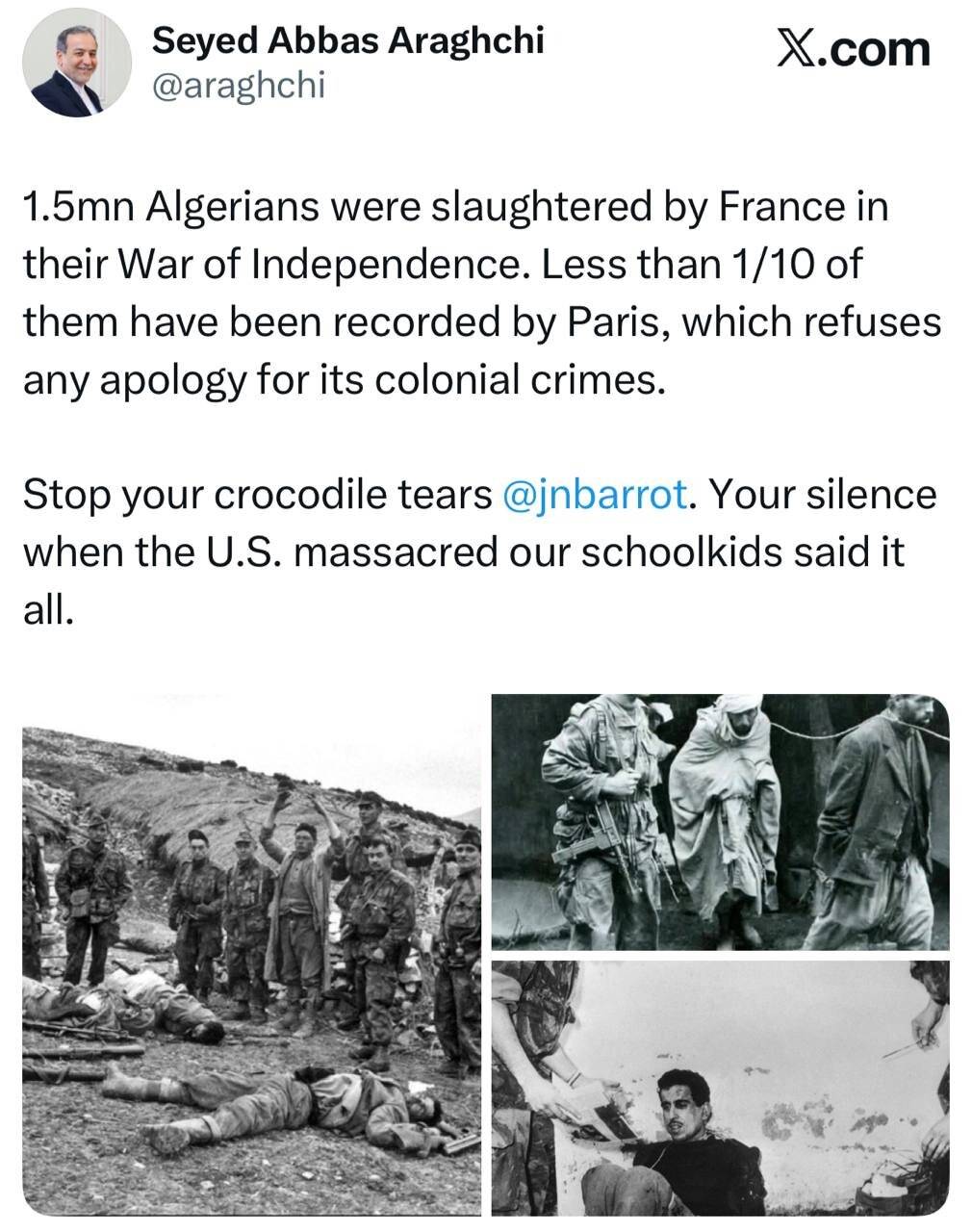پاسخ عراقچی به وزیر خارجه فرانسه؛ اشک تمساح بس است آقای بارو!!